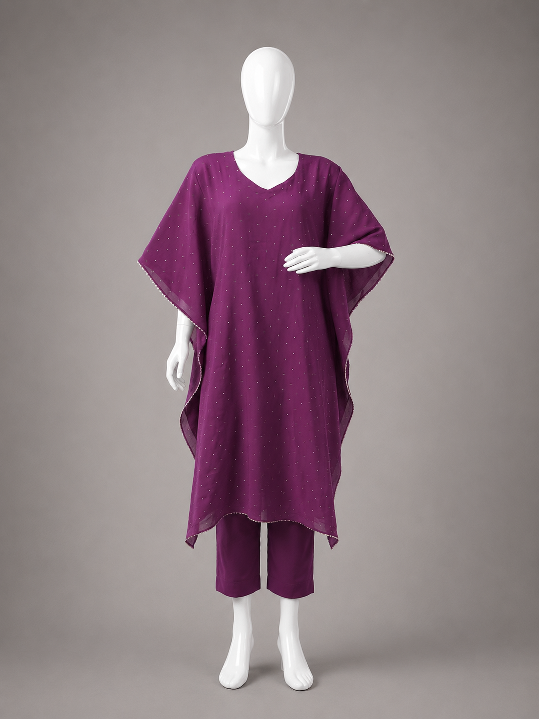Long Kaftan Set- Relaxed Fit, Swarovski, Wine