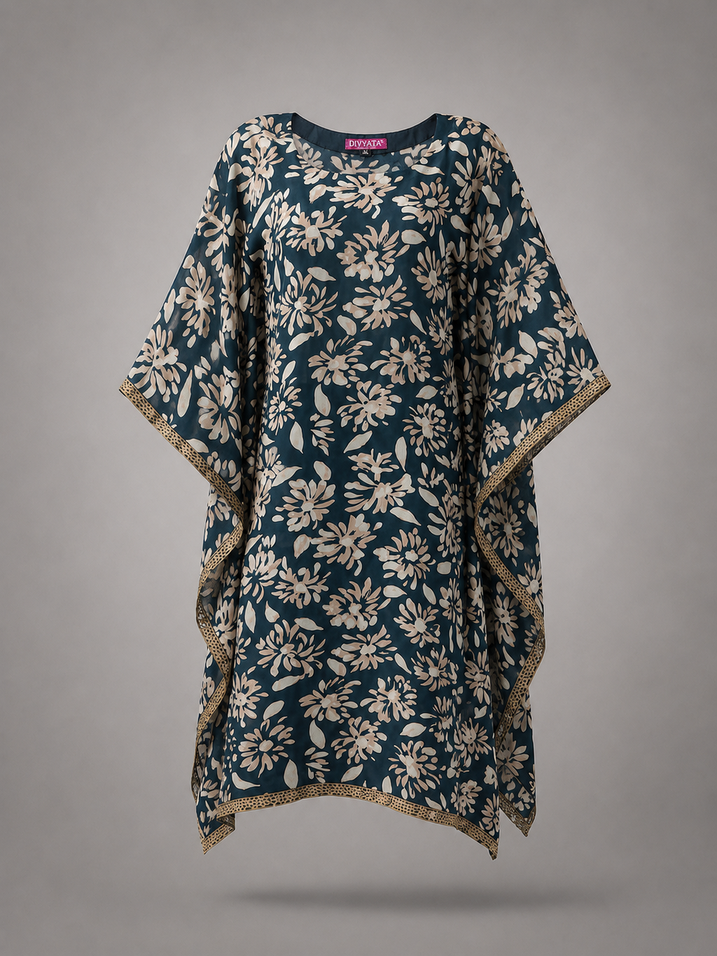 Long Kaftan Set- Relaxed Fit, Floral Print, Black
