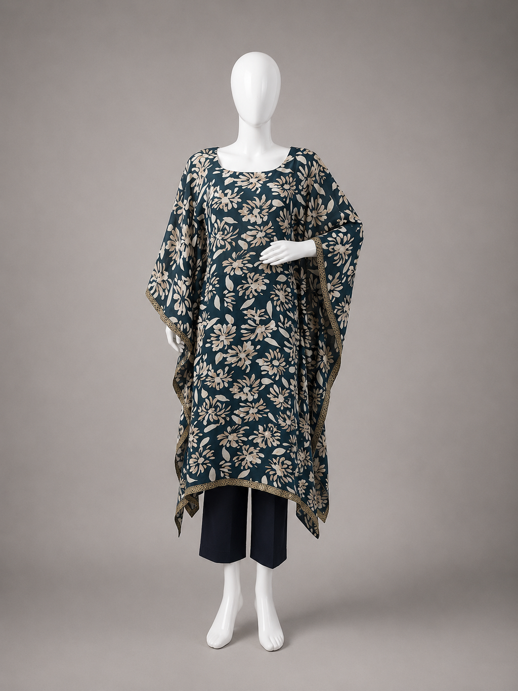 Long Kaftan Set- Relaxed Fit, Floral Print, Black
