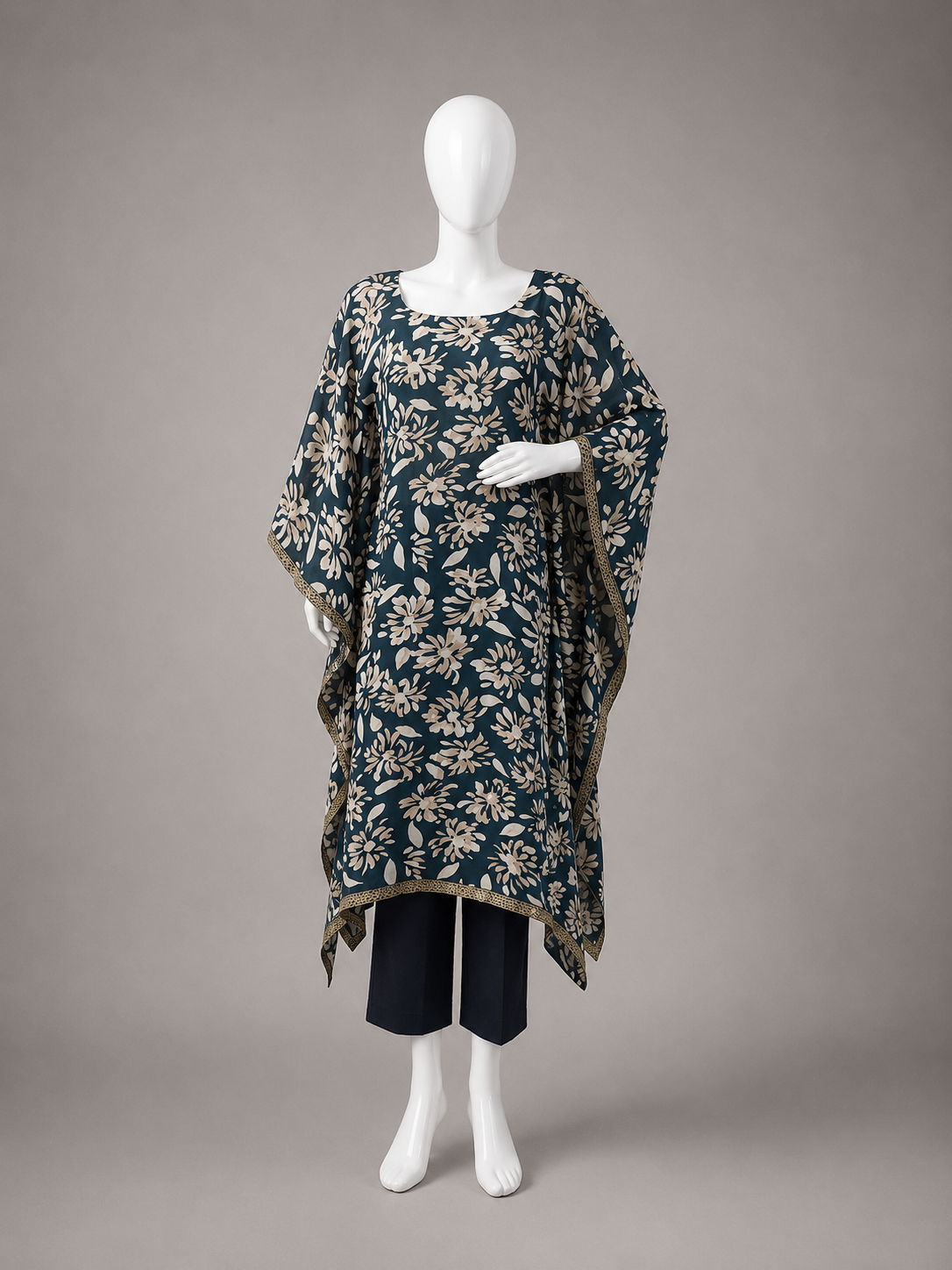 Long Kaftan Set- Relaxed Fit, Floral Print, Black