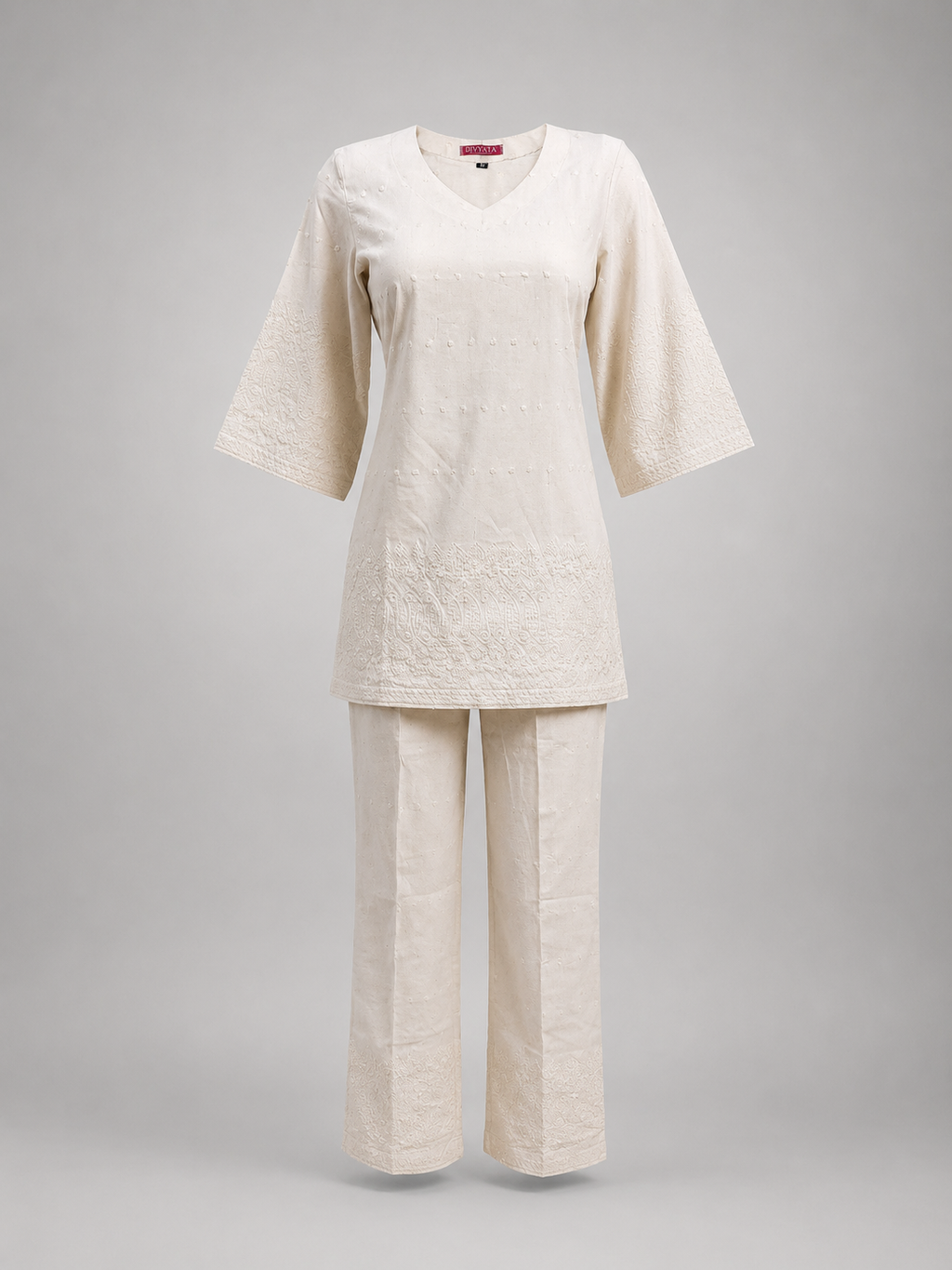 Kurti Co-ord Set – Relaxed Fit, Chikankari Embroidered, Ivory