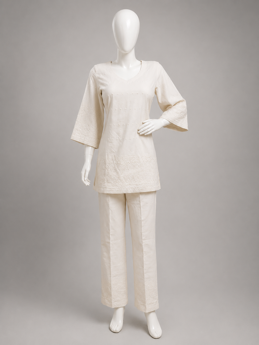 Kurti Co-ord Set – Relaxed Fit, Chikankari Embroidered, Ivory